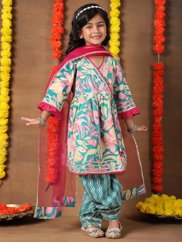 Image of superminis Girls Cotton Floral Printed Kurti Palazzo Style Salwar Set With Net Dupatta Kids Ethnic Wear Set