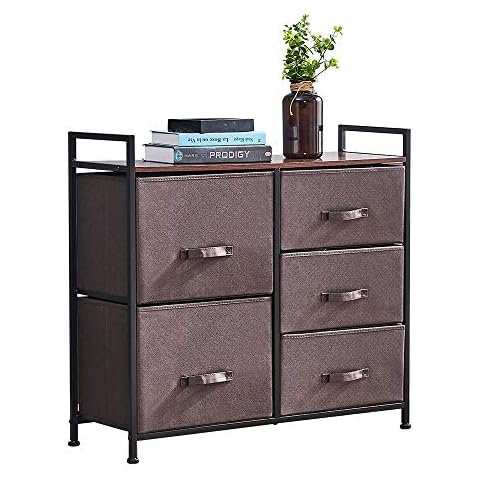 Huisenuk Bedroom Storage Chest of Drawers with 5 Brown Fabric Drawers Black Metal Frame, Unit Storage Cabinet Living Room Sideboard Kids Room Playroom for Hallway Entryway Cover