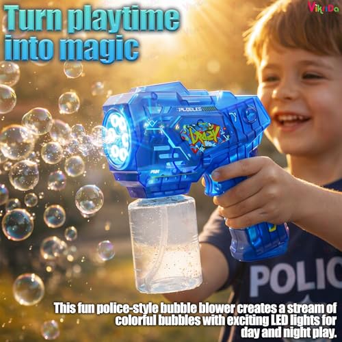 Image of VikriDA Electric Bubble Gun for Kids (3+) | 15-Hole Automatic Bubble Maker with LED Lights | Leak-Proof Bottle | Easy Trigger & Ergonomic Grip