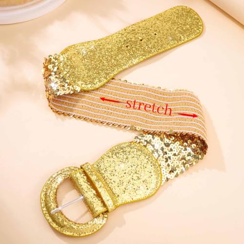 Tgirls Women's Elastic Belt Sequin Wide Belt for Dresses Glitter Stretch Waist Belt Cinch Waistband2