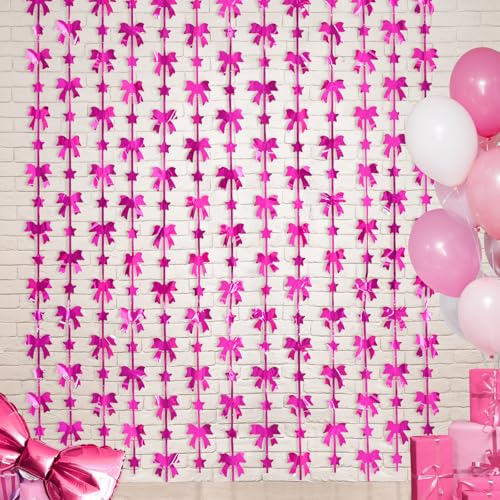 Image of Menstarsi Bow Foil Fringe Curtains, Hot Pink Bow Birthday Backdrop, 2 Pack | Bow Party Decorations, Hot Pink Birthday Party Supplies Bow Photo Booth Props Backdrop for Girls Bachelorette Party Decor
