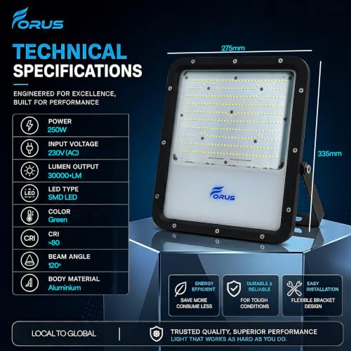 Image of Forus 250W LED Flood Light IP67 Waterproof, Green Outdoor Decorative Floodlight for Garden Decor, Landscape, Parking, Warehouse, High Mast Security Light with 4 Year Warranty