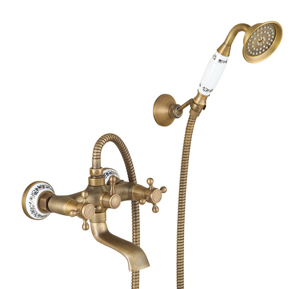 Grifo Bañera Grifo De Ducha En Pared Antiguo Vintage Estilo Latón Dos Asas Mezclador De Baño, Con Ducha De Mano, Manguera Y Soporte, Acabado De Latón Antiguo