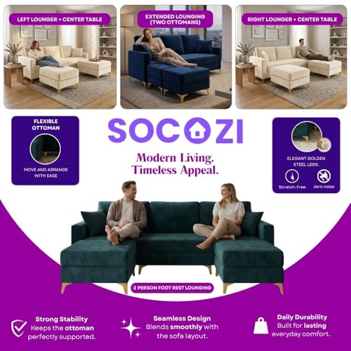 Image of SOCOZI Bravelle 5 Seater L Shape Sofa Set with 2 Movable Ottomans | Flexible Layout| Soft Velvet Suede Fabric|Modern Sofa | Plush Comfort Cushions for Living Room (Teal Green Color)