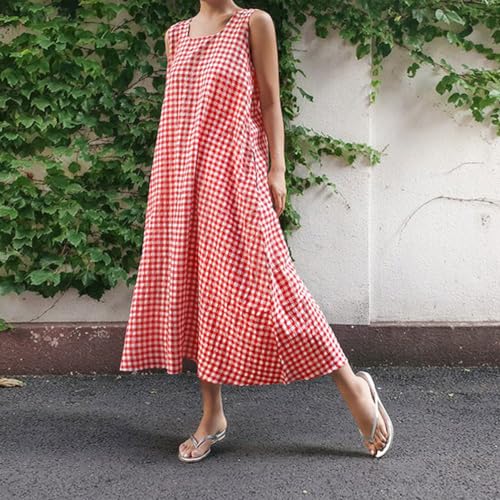 Image of chouyatou Women's Summer Casual Loose-Fit Cotton Plaid Tank Maxi Dress with Pockets Boho Beach Sundress