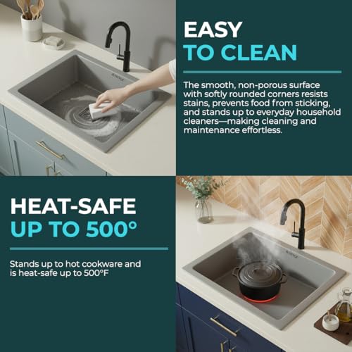 Image of BASINQU Quartz Sink for Kitchen | 21x18x9 Inches Quartz Kitchen Sink Grey | Granite Sink For Kitchen Basin UV Protected, Granite Scratch Resistant, Undermount /Topmount Sinks