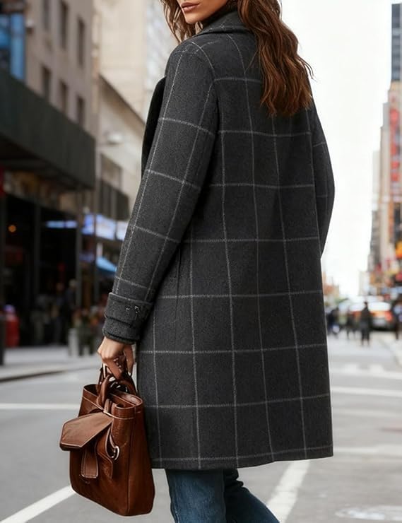 Plaid Wool Coats for Women Notched Lapel Casual Checkered Mid Long Dress Blazer Jackets Single Breasted Trench Coats Peacoats - Image 2