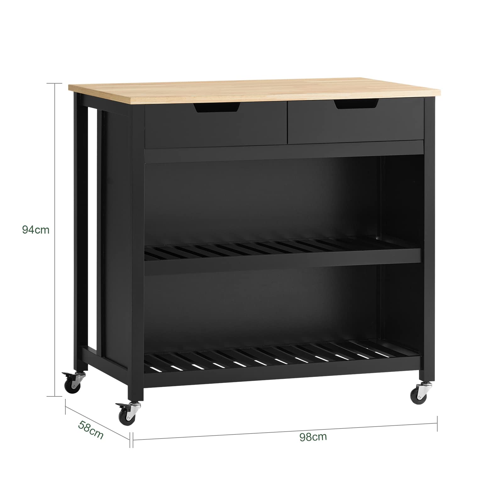SoBuy Carrito Auxiliar con Ruedas Mueble Auxiliar Cocina Carro Cocina Carrito Cocina con Cajones Estantería Cocina Isla Cocina Mesa Auxiliar con Ruedas Madera Negro 98x58x94cm FKW74-SCH