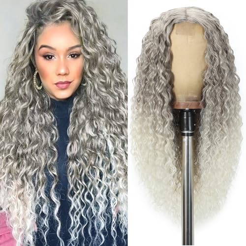 Curly Wig for Women, Ombre Gray Wig, 26 inch, Synthetic Long Curly Wigs