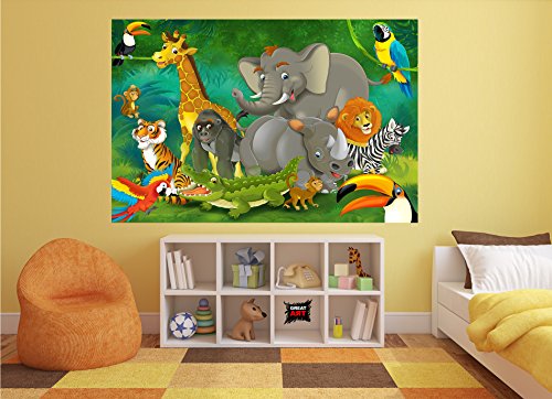 Kid’s Room Nursery Poster – Jungle Animals – Picture Decoration Savannah Zoo Wildlife Safari Adventure Lion Elephant Image Photo Decor Wall Mural (55x39.4in - 140x100cm)