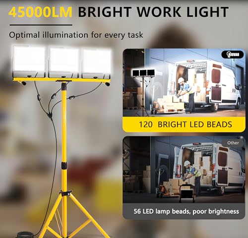 45000 Lumen LED Work Lights with Stand - 3 Head Portable Work Light on Stand - IP65 Waterproof Tripod Work Lights for Outdoor Indoor Job Site Workshop Garage Construction Site Lighting by RIUVAO - Image 3