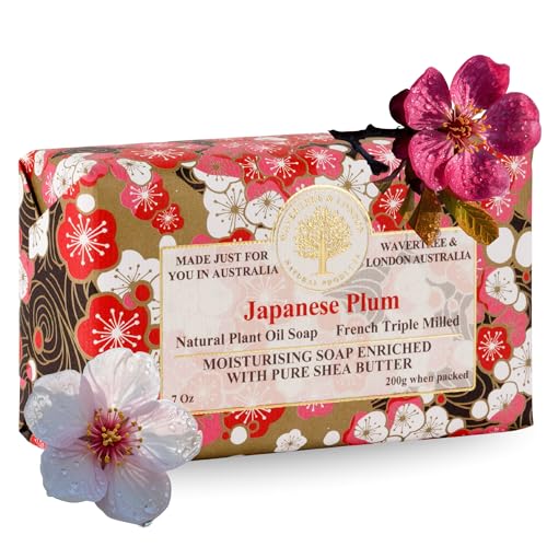 Wavertree & London Japanese Plum Scented Natural Soap Bar, 7oz Moisturizing French Triple Milled Soap Bar for Women & Men Enriched with Organic Shea Butter, Pure Bath & Body Soap (1 Bar)