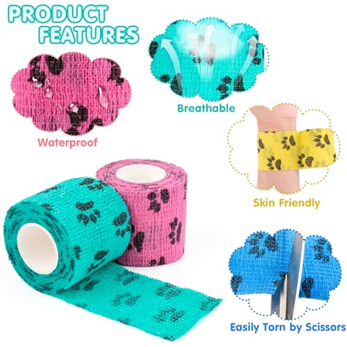 WuGU 12 Rollen Selbstklebender Verband, Selbsthaftende Bandage Tierverband Selbstklebend Hund Vet Wrap Pet, aftbandage Selbstklebend für Finger Handgelenk,Knie und Schwellungen(12 Farben 5 cm x 4,5 m)