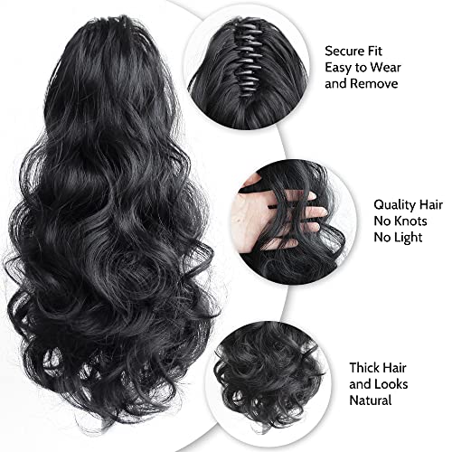 Strrid Ponytail Extension, Black Hair Extensions Ponytail Claw 16" Wavy Fake Hair Curly Synthetic Ponytail Wig Clip Daily Fluffy Pony Tail Hair Piece For Women Brown Blonde 6 Oz-Dark Black #TOP4
