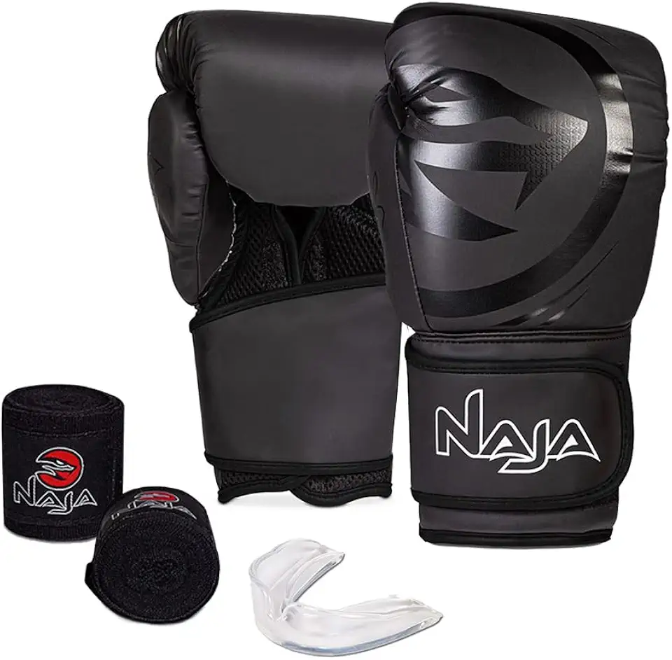 Luva de Boxe e Muay Thai Naja Black Line - 1 Par de luva + 1 Par de Bandagem Elástica + 1 Protetor Bucal