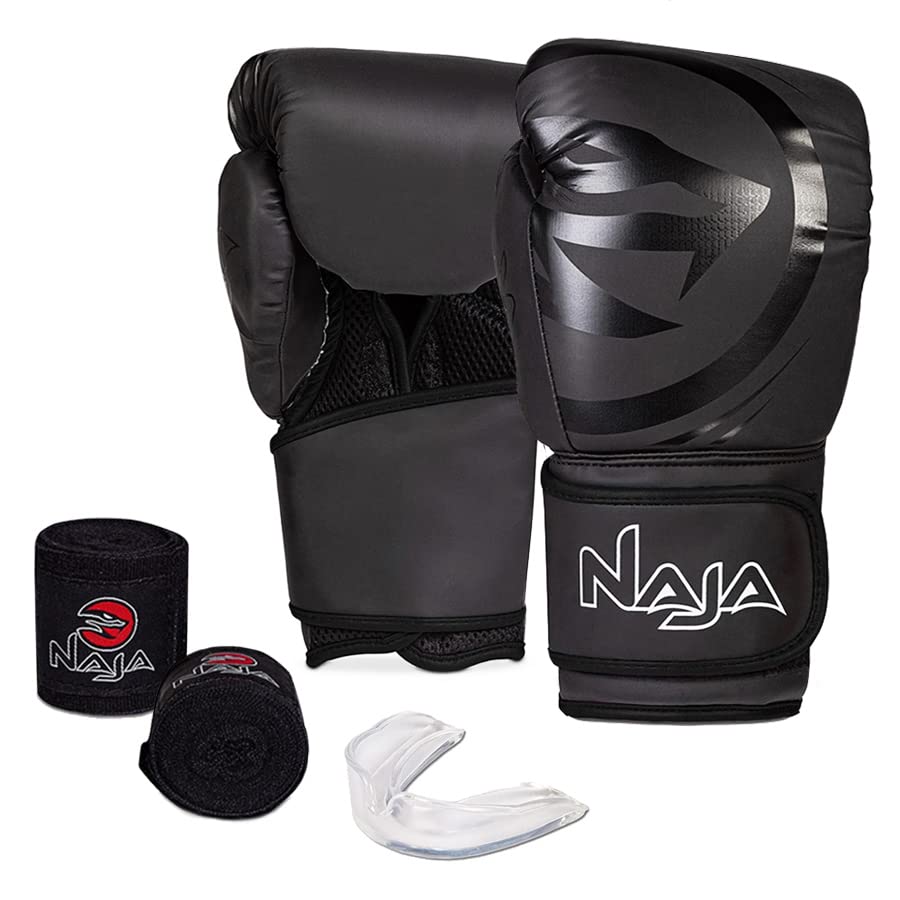 Kit Luva de Boxe e Muay Thai Naja Black Line - 1 Par de luva + 1 Par de Bandagem Elástica + 1 Protetor Bucal - 14 OZ - P
