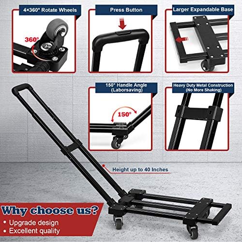 wilbest® 4 Wheels Rotate Folding Hand Truck, 280 lbs/127 Kg Capacity Heavy Duty Folding Luggage Cart with Stretchable Expansion Base, Fold Up Dolly for Luggage/Personal/Travel/Auto/Moving/Office Use