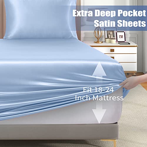 VACVELT 3pcs Full Baby Blue Extra Deep Pocket Satin Fitted Sheet Set by VACVELT - Used condition - Image 5