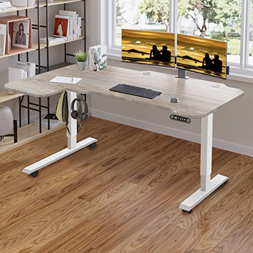 Jceet Adjustable Height L-Shaped 59 Inch Electric Standing Desk - Sit Stand Computer Desk, Stand Up Desk Table For Home Office, White Frame And Oak Top #TOP1