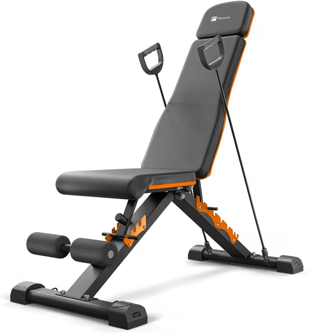 Flexnest Commercial Grade Adjustable And Foldable Gym Bench Incline,Decline & Flat 250 Kg Capacity Fitness Gym Bench with Resistance Ropes For Home Workout,Premium Leather Adjustable Multi-Purpose Machine - Black (Flexbench 2.0)