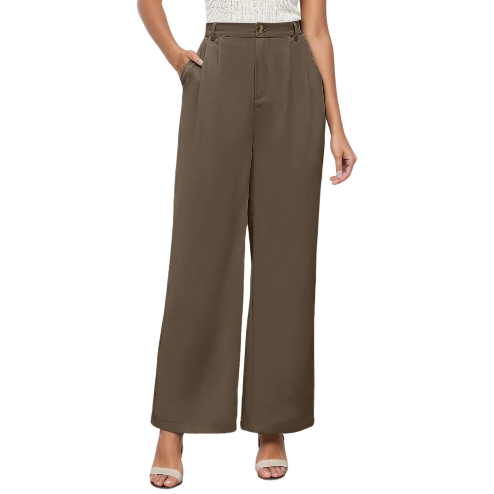Women's High Waisted Wide Leg Dress Pants Business Casual Trousers with Pockets Flowy Comfortable Work (Coffee, XL)