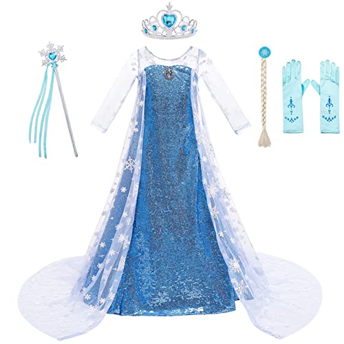 KANDEMY Mädchen Prinzessin Kleid Elsa Kostüm Faschingskostüme für Kinder Eisprinzessin Kleider Karneval Kostüme Rollenspiel Geburtstag Party Dunkelblau 150 Cover