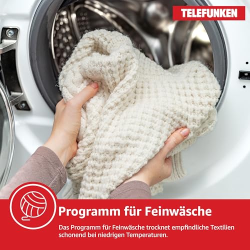 Telefunken Wärmepumpentrockner für 7 kg Wäsche, Trockner Frontlader, Wäschetrockner mit Knitterschutz und Startzeitvorwahl, Energiesparend, leise 64 dB, 15 Programme, Trommelbeleuchtung, TWP7EW