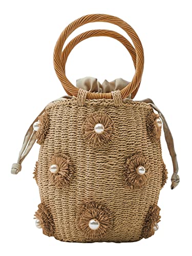 Image of Summer Straw Bag for Women Pearl Flower Bucket Tote Bag Diamond Handbag Hand Woven Rattan Shell Purse Drawstring