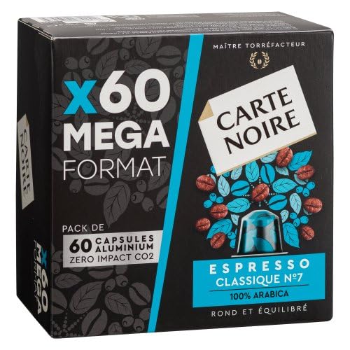 Carte Noire, Espresso Classique kapsułki aluminiowe kompatybilne z Nespresso, 1 opakowanie 60 kapsułek do kawy, 100% arabica, nuty owoców cytrusowych i czekoladowych, intensywność 7/10, zaokrąglone i dobrze wyważone