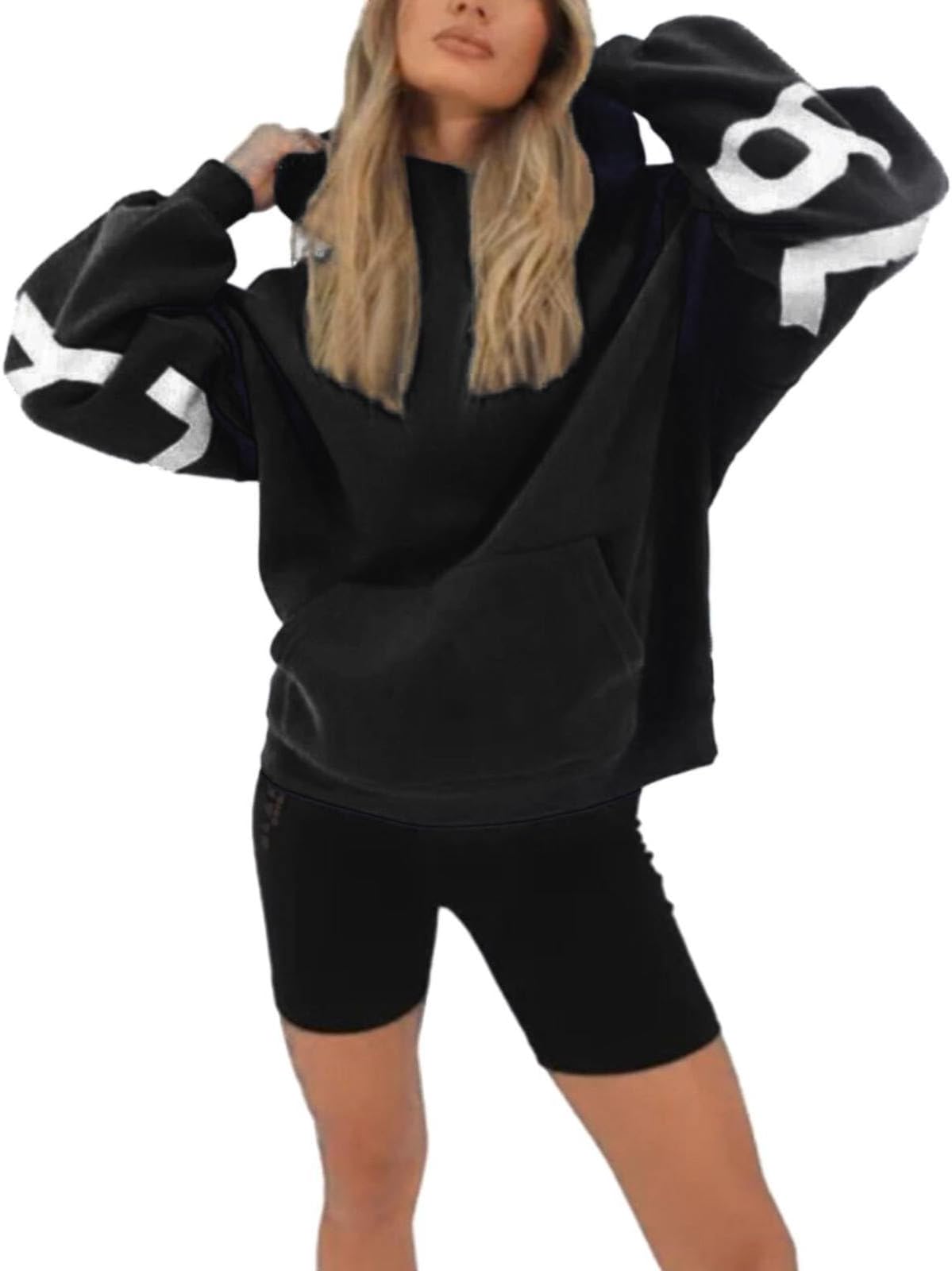 UnoShengParis Printed Thick Long Sleeve Loose Hoodie Winter Clothes Women Black