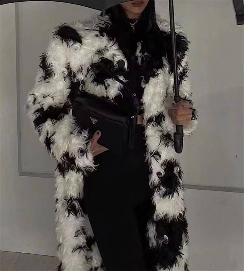 Shaggy Fluffy Faux Fur Coat black white Color Sweater, Long Sleeve long Jacket, Women's Fashion Puffy Overcoat Outwear4
