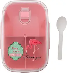 Marmita com Divisórias, Tampa Hermética Transparente, 1200ml, 4 Travas de Segurança, Colher Inclusa, Design Flamingo (Rosa)