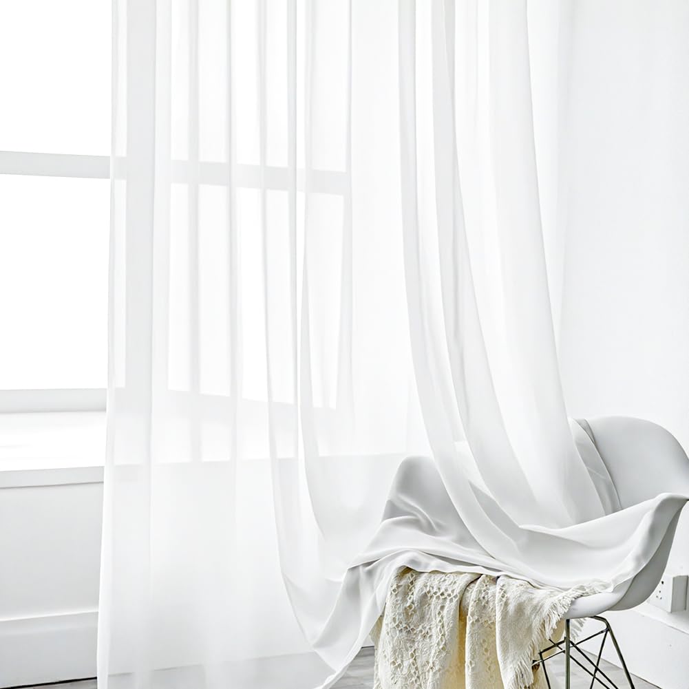 Rideaux Voilages Blancs - 2 Panneaux Semi-transparents Pour Salon Et Chambre - 142x180 Cm