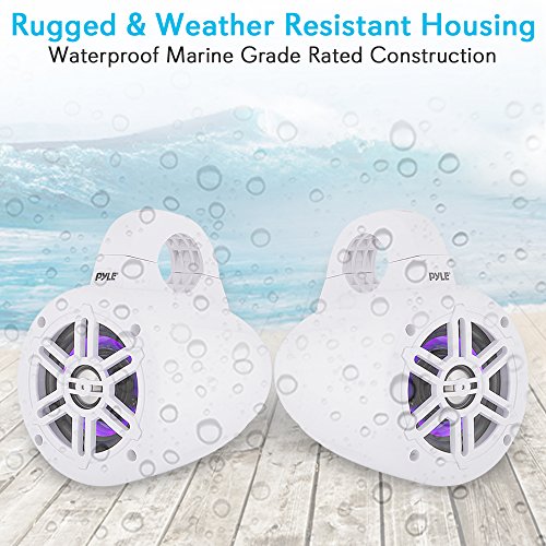 Pyle Waterproof Marine Wakeboard Tower Speakers - 4In Dual Subwoofer Speaker Set W/Led Lights & Bluetooth For Wireless Music Streaming - Boat Audio System W/Mounting Clamps Plmrlewb47Wb (White) #TOP2