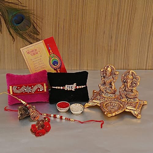 Image of CraftVatika Rakhi Gift Hamper for Brother and Bhabhi Kids with Gift Set, Metal Laxmi Ganesh Idol Showpiece Diya 4 Puja Rakshabandhan Combo Gift 4 Bhai Sister Fancy Rakhi with Gift Hamper (Laxmi Ganesh diya)