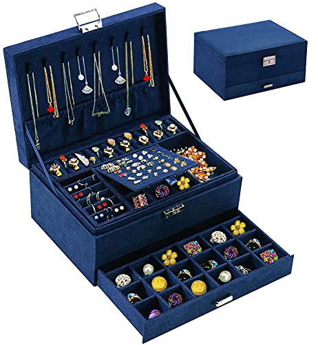 Blue Jewelry Box Organizer for Women Girls, QBestry 3 Layers Large Jewelry Storage Organizer with Lock Drawer Women Jewelry Organizer Holder Case for Necklace Bracelets Earrings Rings Organizer Holder,,Deep Blue