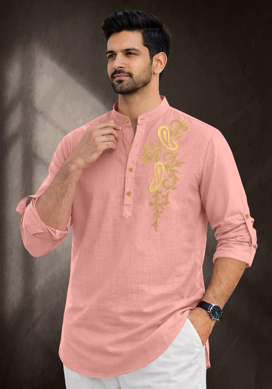 Image of Cotton Blend Self Design Printed Casual Short Kurta for Men Long Sleeve Mandarin Collar Stylish Kurta Shirt for Men