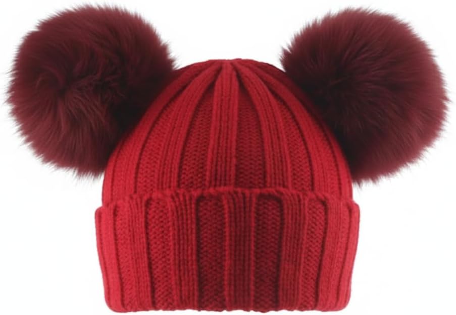 Handmade Kids' Knit Beanie with Detachable Natural Fox Fur Pom Poms, Soft Rolled Brim Winter Hat for Baby Boy & Girl