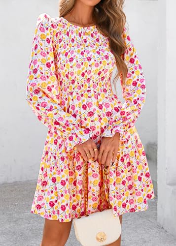 Image of KIRUNDO Long Sleeve Dress for Women 2025 Summer Fall Wedding Guest Smocked Floral Crewneck Ruffle A Line Flowy Mini Dress