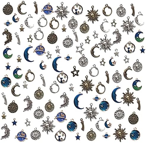 Qililandiy 112pcs Mixed Antique Silver Sun Stars Moon Charms Pendants Assorted Gold Plated Enamel Cat Moon Star Celestial Charm Pendant for Crafting Jewelry Making