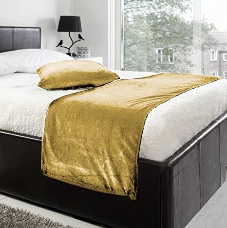Golden Drops Luxury Velvet Bed Runner/Scarf/Throw (50 X 180 cm) with 2 Cushion Covers (18" x 18") for All Bed Sizes/Customization Available (Gold)