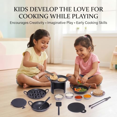 Image of Nakshathra Iron Miniature Kitchen Set for Kids, Tiny Cookware Toys for Real Cooking Set, Ideal for Creative Playing - Set of 12 (Black)