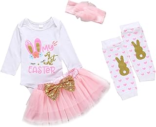 Newborn Baby Girls Easter Outfit Bunny Letter Print Bodysuit+ Tutu Skirt+ Headband +Leg Warmers Clothes Set - Buy now