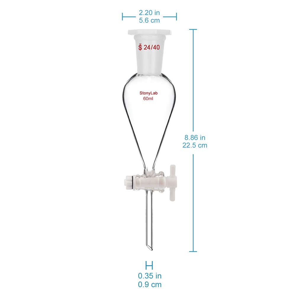 StonyLab 60 ml Embudo Separador, Separatory Funnel de Pared Pesada de Vidrio de Borosilicato con Juntas 24/40 y Tapón PTFE - 60 ml