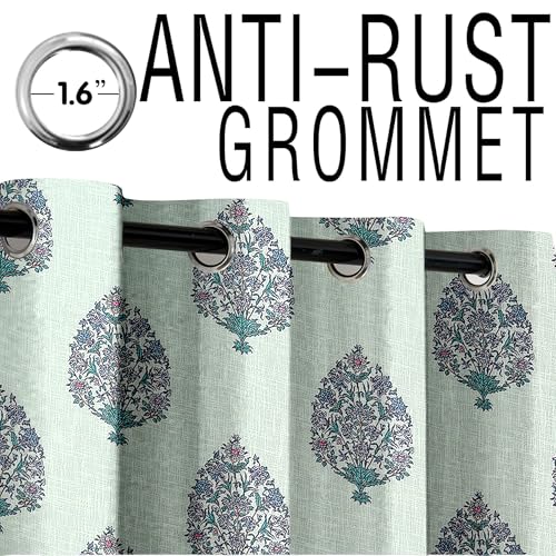 Image of Cortina Linen Printed Sheer Curtain Set of 2 Eyelet Ring Hanging, Floral Printed Curtains Non Blackout Light Filtering Curtains (Green, 5FT)