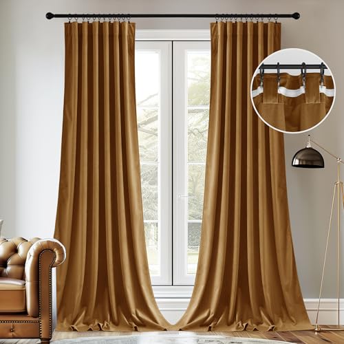 Image of StangH Mustard Gold Velvet Curtains 102 Inches Long for Dining Area, Extra Long Thick Drapes for French Door, Thermal Insulated Window Decor, W52 x L102, 2 Panels