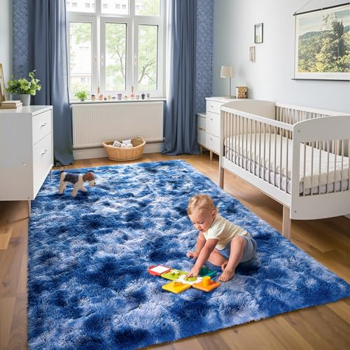 5x7 ft Fuzzy Rug for Living Room Soft Fluffy Blue White Bedroom Area Rugs Non-Slip Shaggy Carpet for Nursery Kids PlayRoom Dorm Office Indoor Modern Plush Carpets