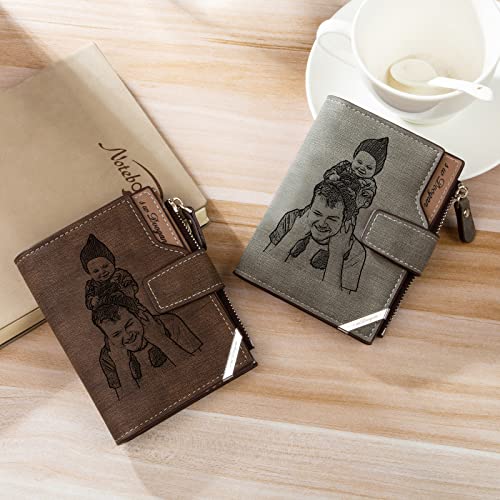 Nobelook Personalized Wallet for Men with Photo Monogram Name Custom Engraved Mens Wallets Bifold Short Leather Wallet Purse for Father Dad Grandpa Husband Son BF Gift Brown3