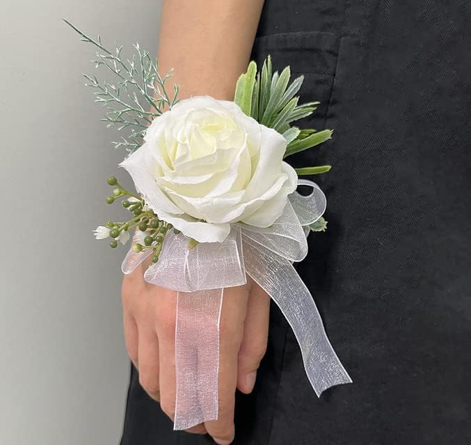 Rikyo 2Pcs White Rose Flower Wrist Corsage Boutonniere Set,3" White Corsage and Boutonniere Set, Wrist Corsage Wristband,Brides Wedding Flowers Accessories Prom Suit Decor - Image 7