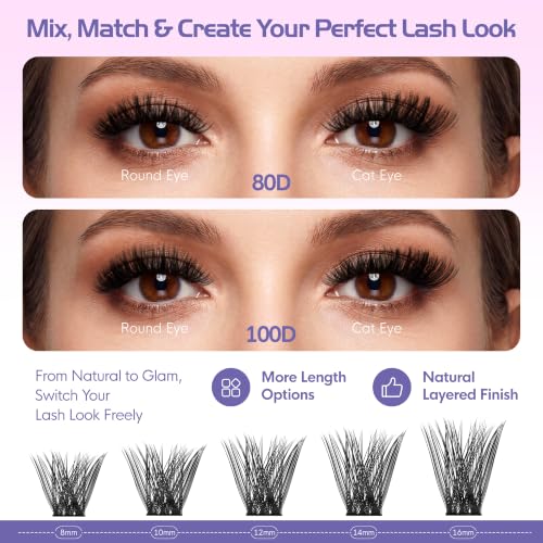 Image of Lash Clusters Kit 578pcs-Fluffy Lash Clusters, D Curl Cluster Eyelash Extensions Kit Individual DIY Lashes with Bond Seal Tweezers Remover, 8-16mm (80D+100D)